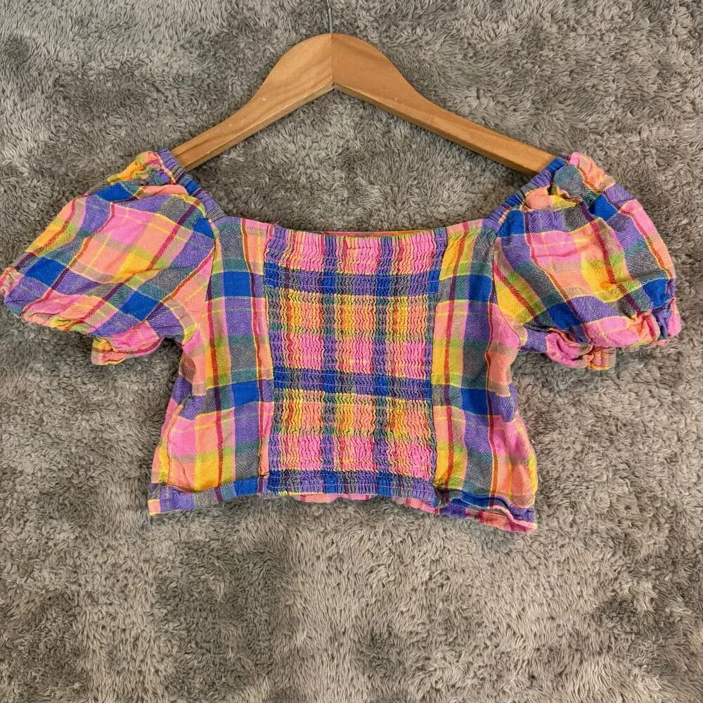 Old Navy Short Puff-Sleeve Linen Smocked Crop Top Girls Madras Plaid 8 Pink Blue